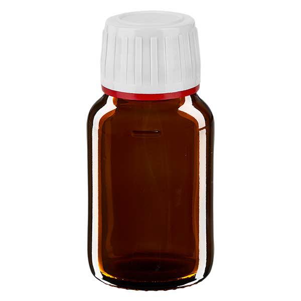 30ml lahvička na léky hnědá, uzávěr bílý s pojistným kroužkem proti neoprávněné manipulaci červený ApoGlas 30ml lahvička na léky hnědá, uzávěr bílý s pojistným kroužkem proti neoprávněné manipulaci červený ApoGlas