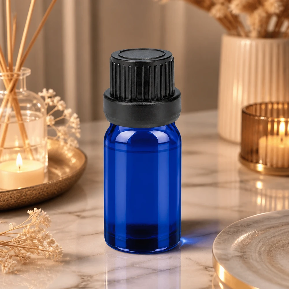 Lahvička 5ml 11mm šroubovací uzávěr černý BlueLine UT18/5 s ochranným uzávěrem proti manipulaci Vielseitige 5ml blaue Glasflasche mit Tropfverschluss für Parfum Seren und Tinkturen