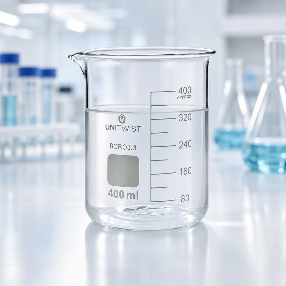 Kádinka 400 ml borosilikátová, nízká forma UNiTWIST Chemielabor-Becherglas 400ml niedriger Form aus transparentem Borosilikatglas mit Ausgießer