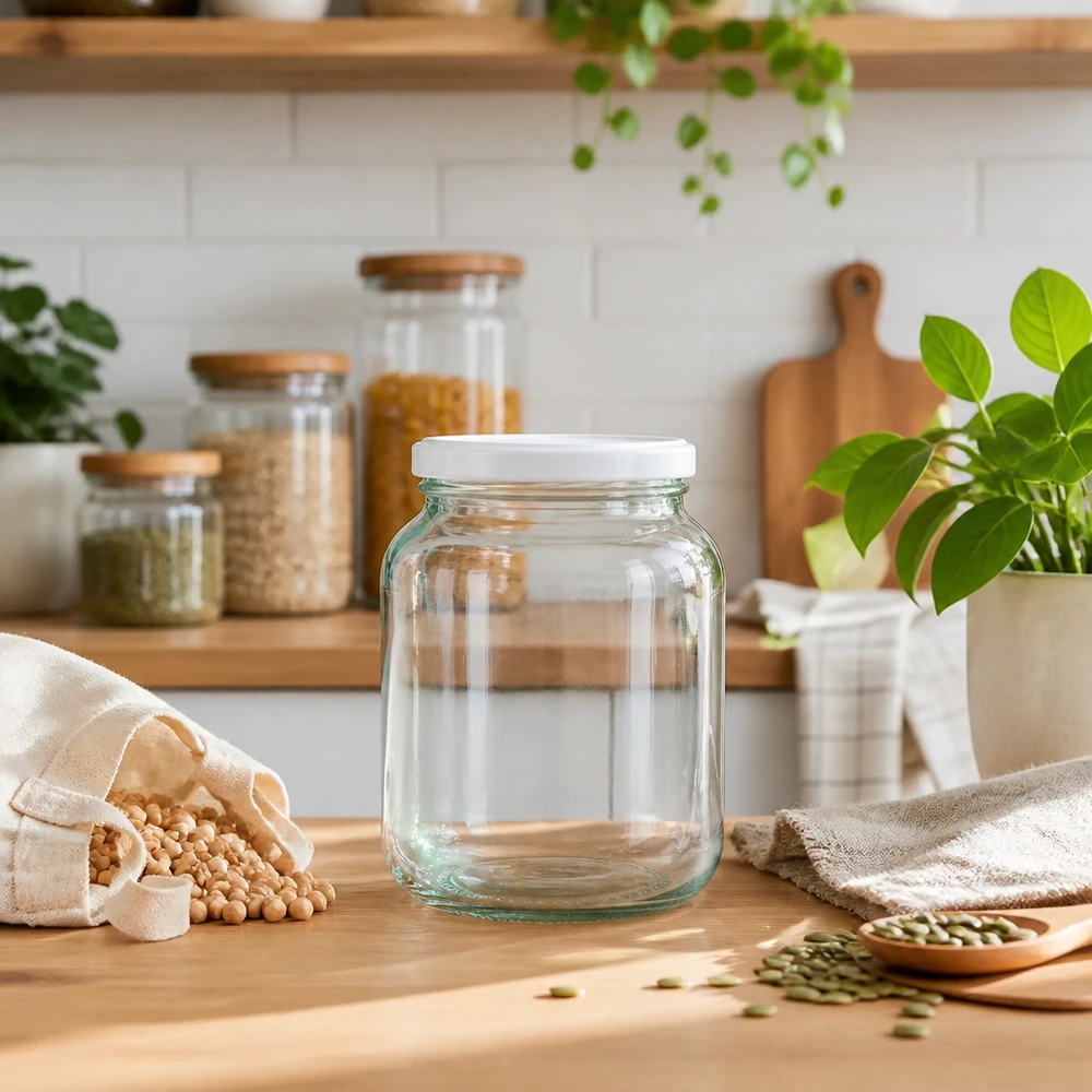 370ml Ovalglas UNiTWIST mit BasicSeal Deckel weiß in nachhaltiger Zero-Waste Küche mit Hülsenfrüchten und Pflanzen