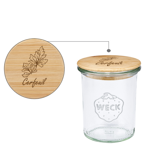 Couvercle en bois "Cerfeuil" avec WECK verre plongeant 160ml Couvercle en bois "Cerfeuil" avec WECK verre plongeant 160ml