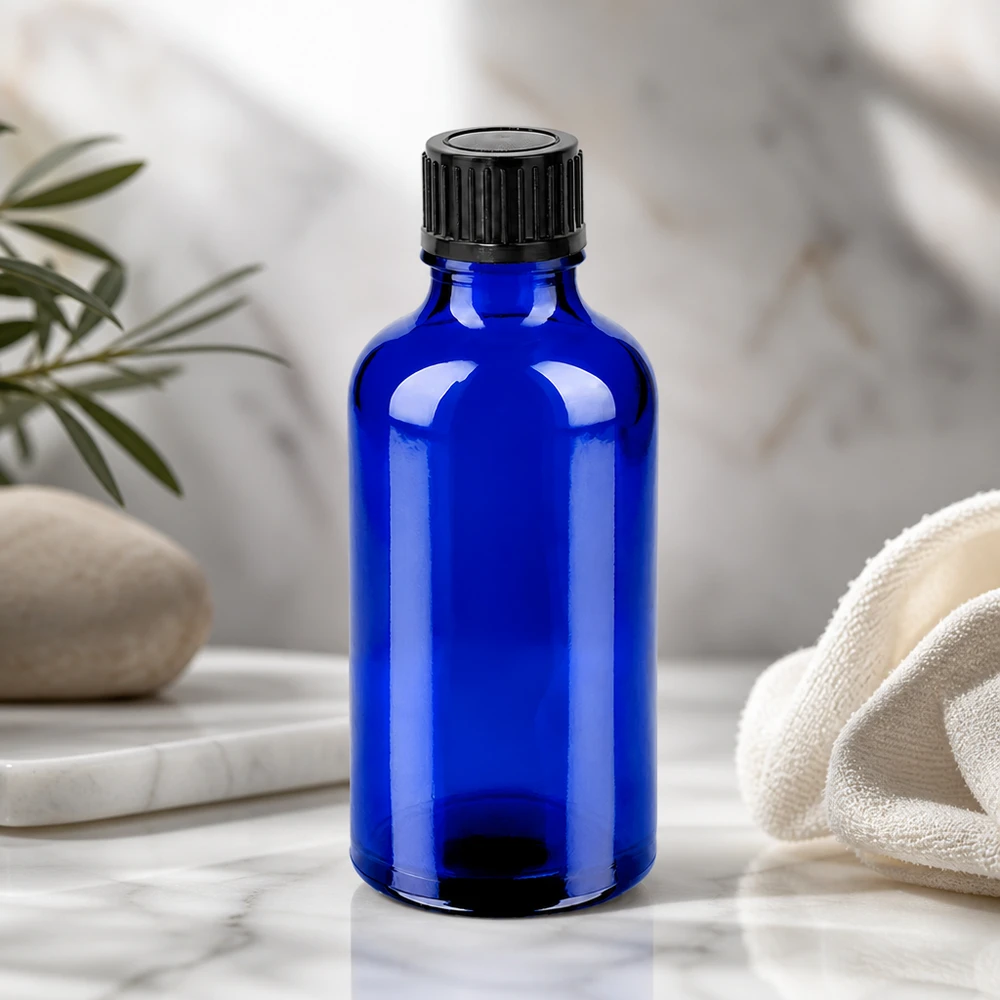 50ml láhev 11mm šroubovací uzávěr černý standard BlueLine UT18/50 Stilvolle kobaltblaue 50ml Flasche mit mattem schwarzem Verschluss für Premium Produkte
