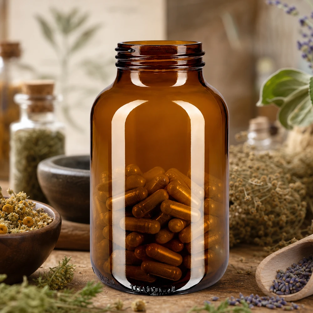 1000ml láhev se širokým hrdlem jantarové sklo s uzávěrem Apothekerflasche 1 Liter aus UV-schützendem Braunglas mit praktischer Weithalsöffnung