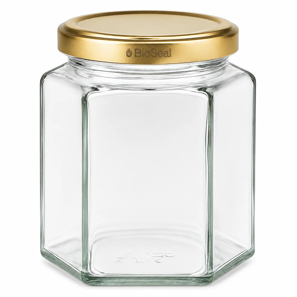 Hexagonales Glasgefäß UNiTWIST Hexa390 mit goldenem TO70 BioSeal Deckel für Lebensmittel und Konserven