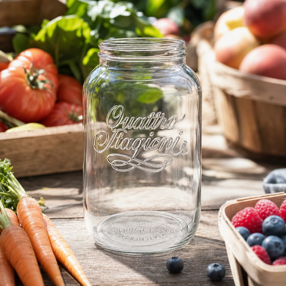 3800ml kulatá zavařovací sklenice "Quattro Stagioni" QS110mm 3800ml Quattro Stagioni Haushaltsglas Einmachglas transparent mit Schriftzug umgeben von frischem Gemüse und Obst