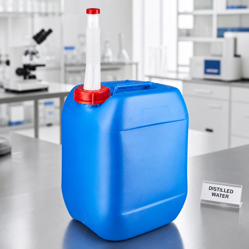 Kanystr 10 litrů modrý s výpustným potrubím Flex Laborkanister 10L blau mit aufgestecktem Flex-Auslaufrohr auf Edelstahltisch