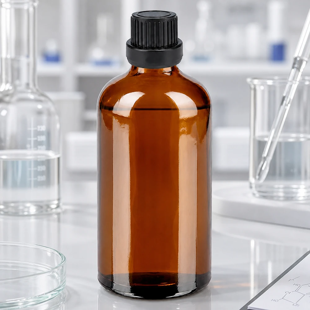 100ml kapátko lahvička 2mm černá tamper-evidentní uzávěr BrownLine UT18/100 Nachfüllbare Braunglasflasche 100ml mit langlebigem schwarzem Verschluss für nachhaltige Verwendung