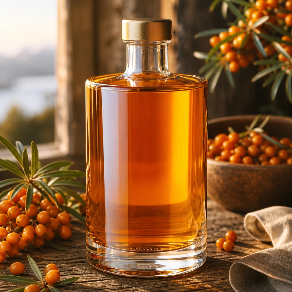 375ml Glasflasche Sam mit goldenem Verschluss neben Sanddornbeeren dekorative Lifestyle Aufnahme Spirituosen Öle