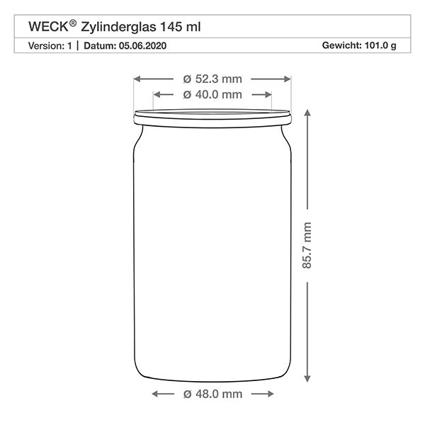 145ml válcová sklenice WECK RR40 s korkem přírodní WECK Zylinderglas 145ml technische Zeichnung mit Maßen Durchmesser 48mm Höhe 85,7mm Gewicht 101g RR40 Spezifikation