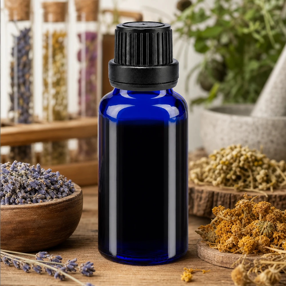 Lékárenská láhev modrá 20ml kapátko s nalévacím kroužkem 2mm černý tamper-evidentní uzávěr Blaues Fläschchen 20ml aus Borosilikatglas mit Tropfverschluss neben Mörser und Heilpflanzen