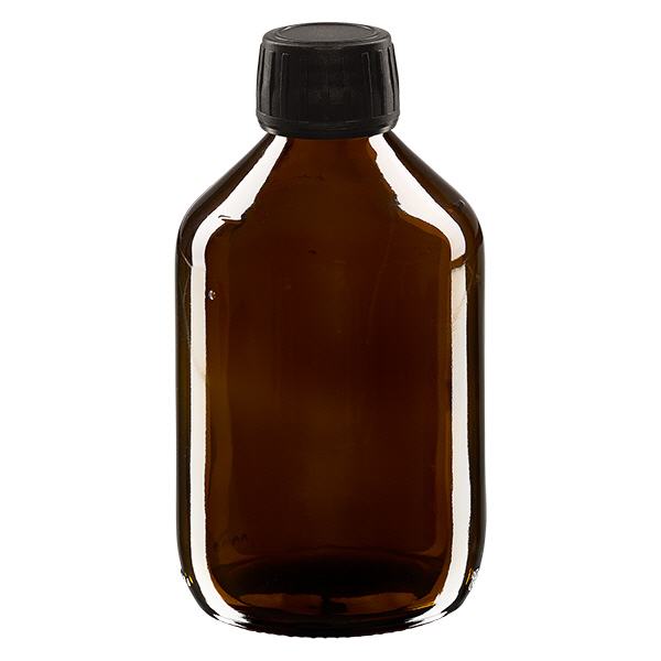 300ml lahvička na léky hnědá, víčko černé s kroužkem proti neoprávněné manipulaci ApoGlas 300ml lahvička na léky hnědá, víčko černé s kroužkem proti neoprávněné manipulaci ApoGlas