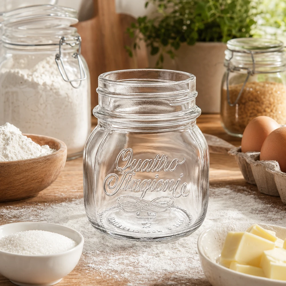 150ml Quattro Stagioni Haushaltsglas Einmachglas auf Holztisch mit Backzutaten Mehl Eier Butter Küchenzubehör