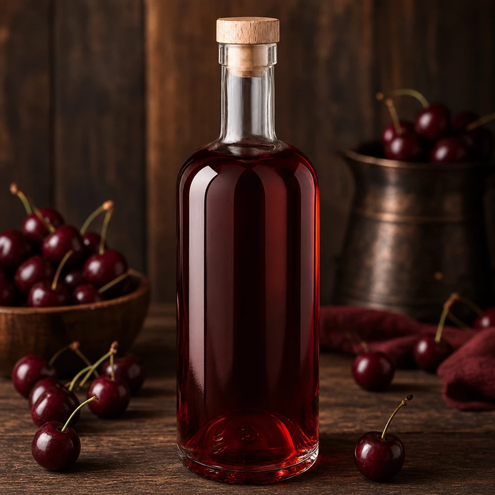 750ml Glasflasche Emma mit Holzkorken gefüllt mit roter Kirschflüssigkeit umgeben von frischen Kirschen auf Holztisch