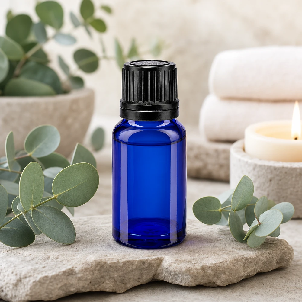 Rundes blaues Apothekerglas 10ml mit schwarzem Drehverschluss für Kosmetik und Naturheilkunde