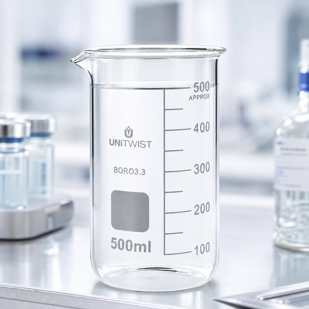 Kádinka 500 ml borosilikátová, vysoká forma UNiTWIST Hitzebeständiges Becherglas 500ml Boro 3.3 hohe Form mit grauem Beschriftungsfeld UNITWIST