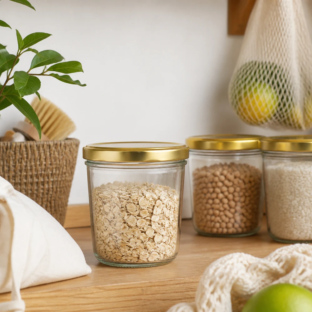230ml tumblery s víčkem BasicSeal zlaté UNiTWIST. 230ml Sturzglas BasicSeal gold mit Haferflocken in nachhaltiger Zero-Waste Küche auf Holzregal mit Vorratsgläsern