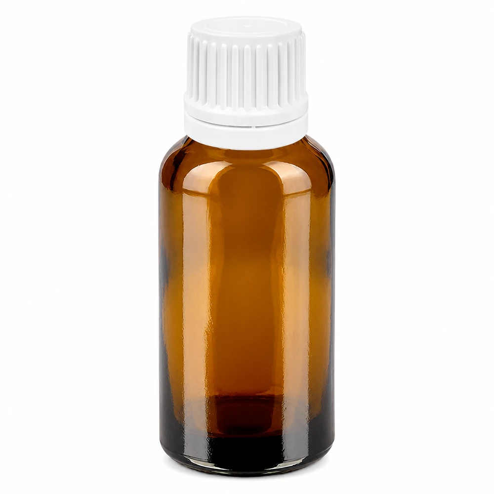 30ml lahvička s kapátkem 0,7mm bílá s tamper-evidentním uzávěrem BrownLine UT18/30. Kleine Glasflasche 30ml in Braun mit weißem Schraubverschluss und präzisem Tropfensystem
