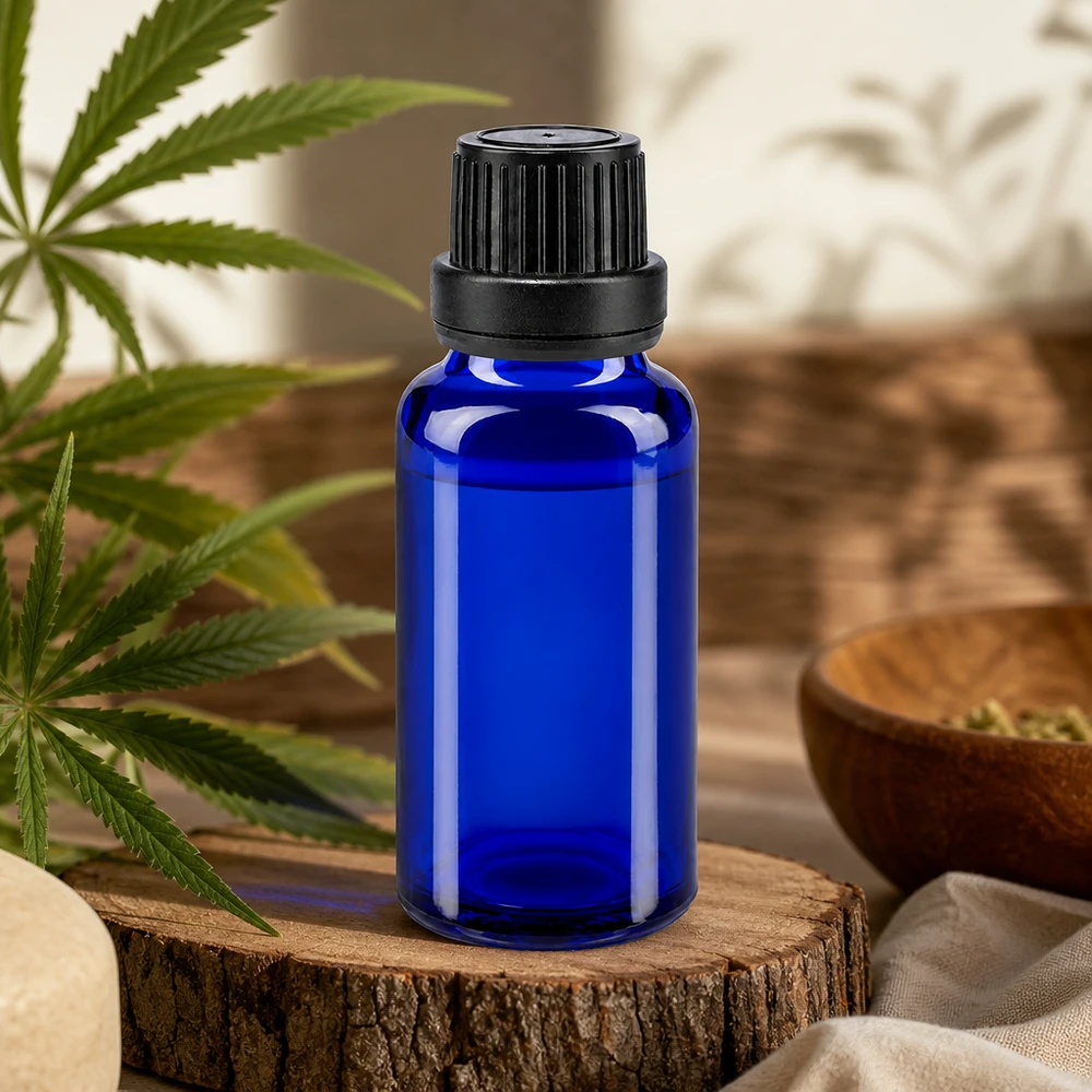 Lékárenská láhev modrá 20ml kapátko s nalévacím kroužkem 2mm černý tamper-evidentní uzávěr Blaue Glasflasche mit präzisem 2mm Tropfeinsatz und OV-Schutz für hochwertige Pflanzenextrakte