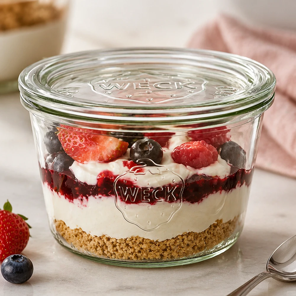 Zavařovací sklenice 370ml se skleněným víčkem WECK RR100 WECK Sturzglas 370ml RR100 mit Schichtdessert aus Keksboden Creme und Beeren als Dessertglas verwendet