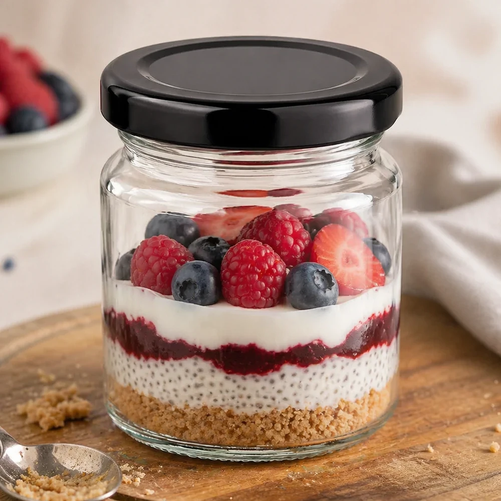 53ml kulatá sklenice s víčkem BasicSeal černá UNiTWIST 53ml Rundglas mit schwarzem BasicSeal Deckel als Dessertglas mit Chia-Pudding und gemischten Beeren gefüllt