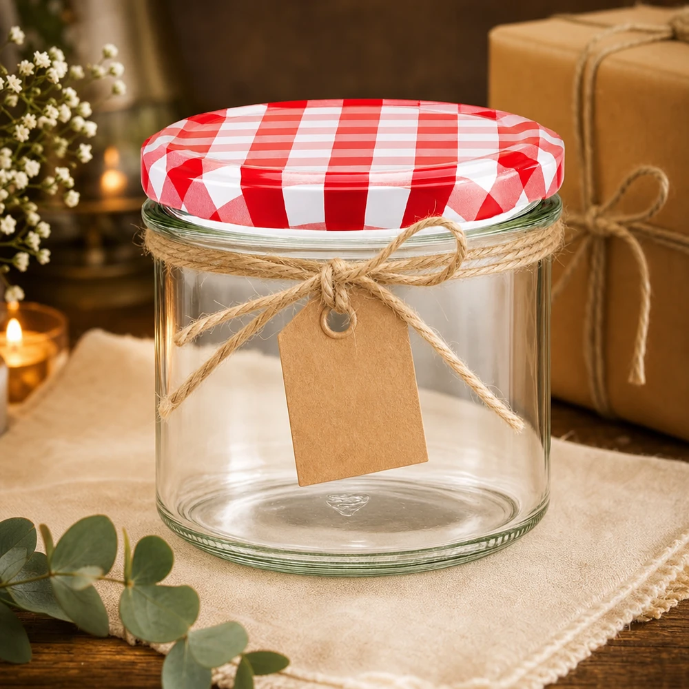 225ml kelímky + víčko BasicSeal červené/bílé UNiTWIST 225ml Sturzglas leer mit rot-weiß kariertem Deckel als Geschenkverpackung mit Juteschnur und Anhänger dekoriert