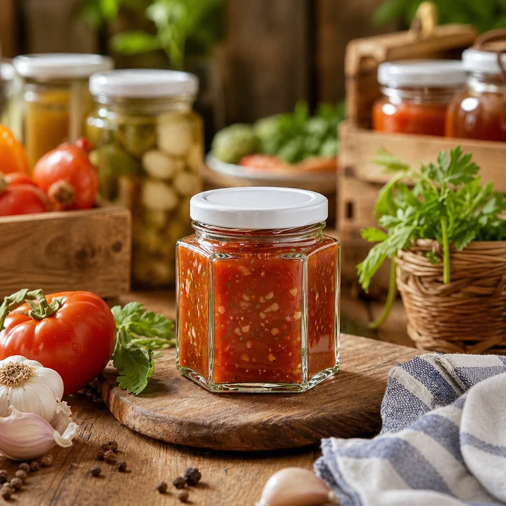 47ml šestihranná sklenice s víčkem BasicSeal bílá UNiTWIST 47ml Hexaglas mit BasicSeal Deckel gefüllt mit Tomatensauce zwischen frischen Tomaten und Kräutern auf Holzbrett
