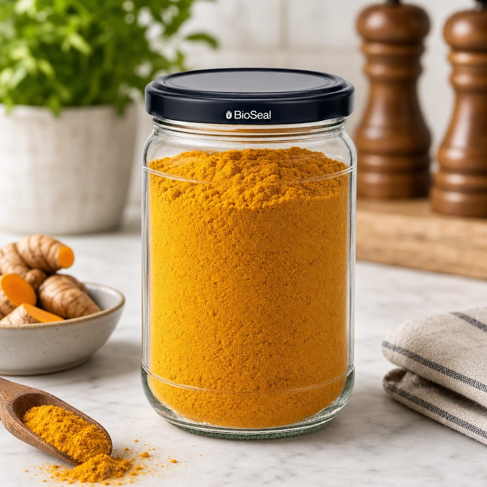 Kulatá nádoba o objemu 305 ml + víčko BioSeal černé UNiTWIST. UNiTWIST Runda305 Vorratsglas mit schwarzem BioSeal Deckel gefüllt mit Kurkuma in stylischer Küchenumgebung