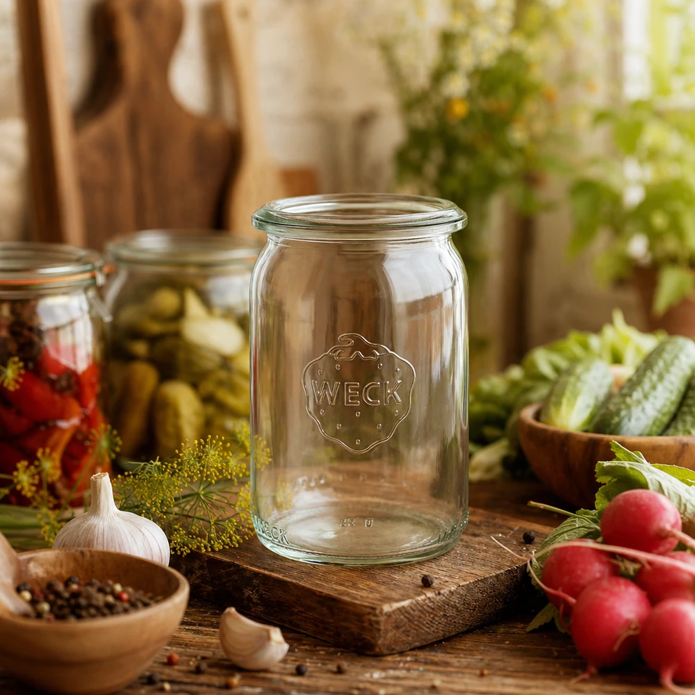 145ml válcová sklenice WECK RR40 s dřevěným dřívkem. WECK RR40 Zylinderglas 145ml in rustikaler Küche mit frischem Gemüse und Einmachzutaten dekorativ arrangiert