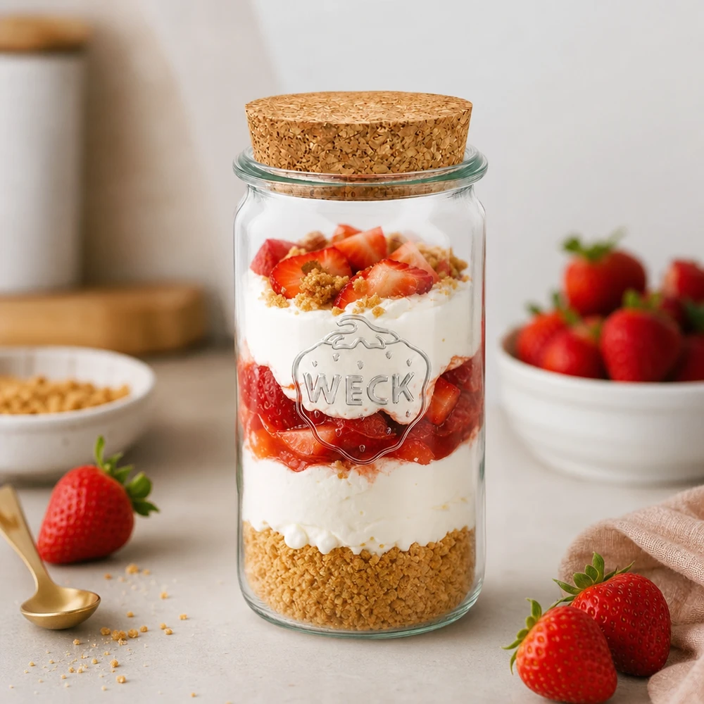 340ml válcová sklenice WECK RR60 s korkem přírodní WECK Glas 340ml RR60 als Dessertglas mit Erdbeeren und Sahne gefüllt zeigt vielseitige Verwendung des Korkglases