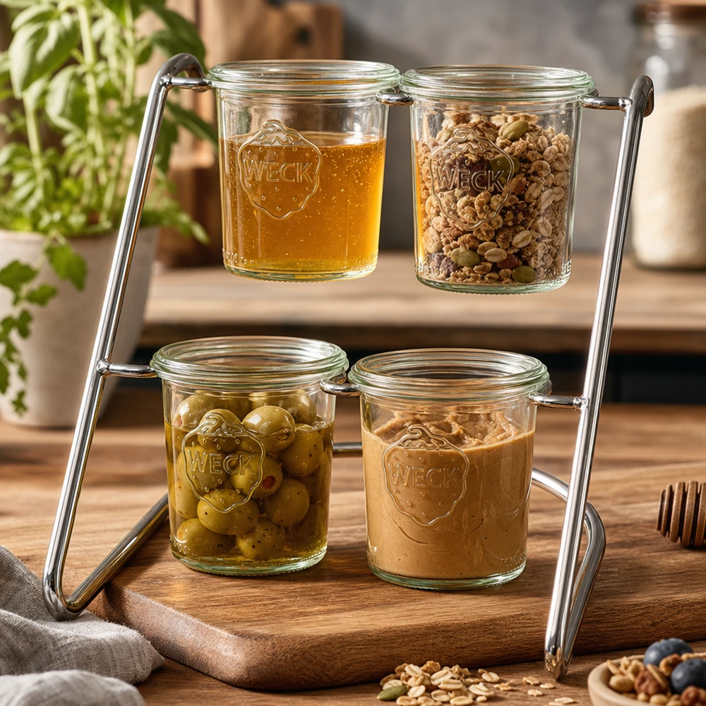 Servírovací stojan Flato4 na 4 kelímky WECK WECK Serviergestell Flato4 mit Honig, Nüssen und Oliven befüllt - vielseitiger Glashalter für Küchendeko