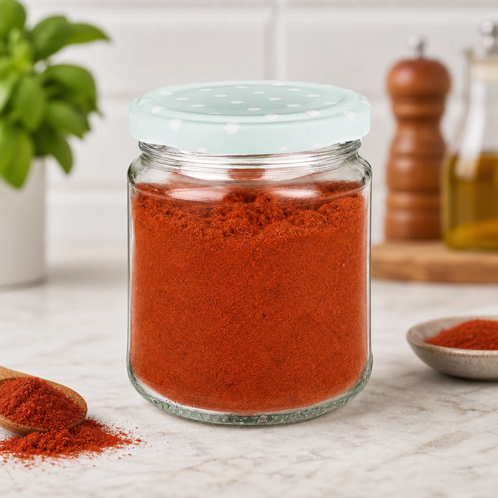 212ml Rundglas gefüllt mit rotem Paprikapulver, mint BasicSeal Deckel mit Punkten, Küchenszene mit Gewürzen