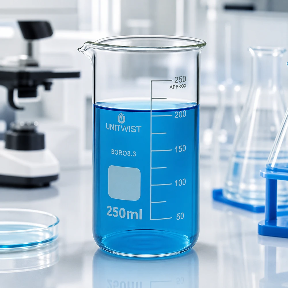 Borosilikat Laborglas UNITWIST 250ml hohe Form mit Beschriftungsfeld und Skala