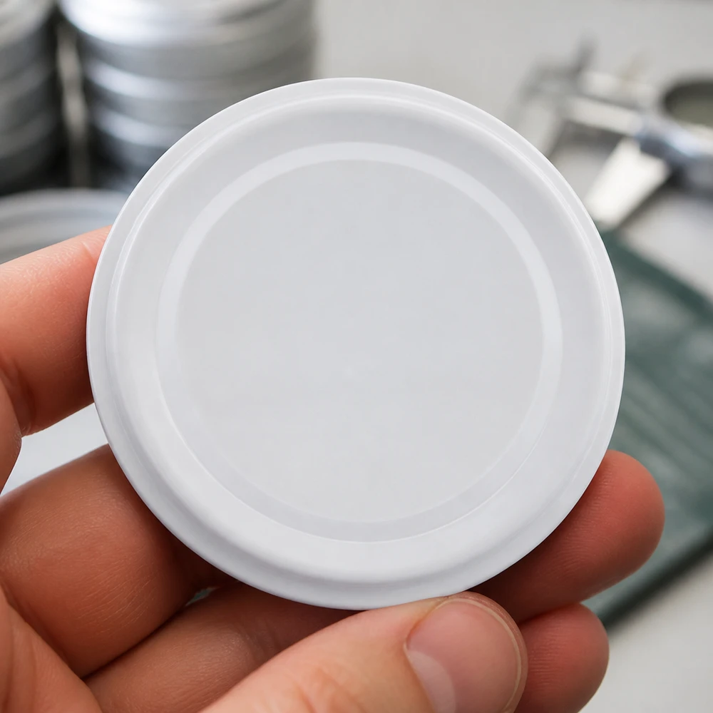 Pohled shora 58 mm BasicSeal bílé víčko TO58deep UNiTWIST, kulatý tvar s koncentrickými prstenci