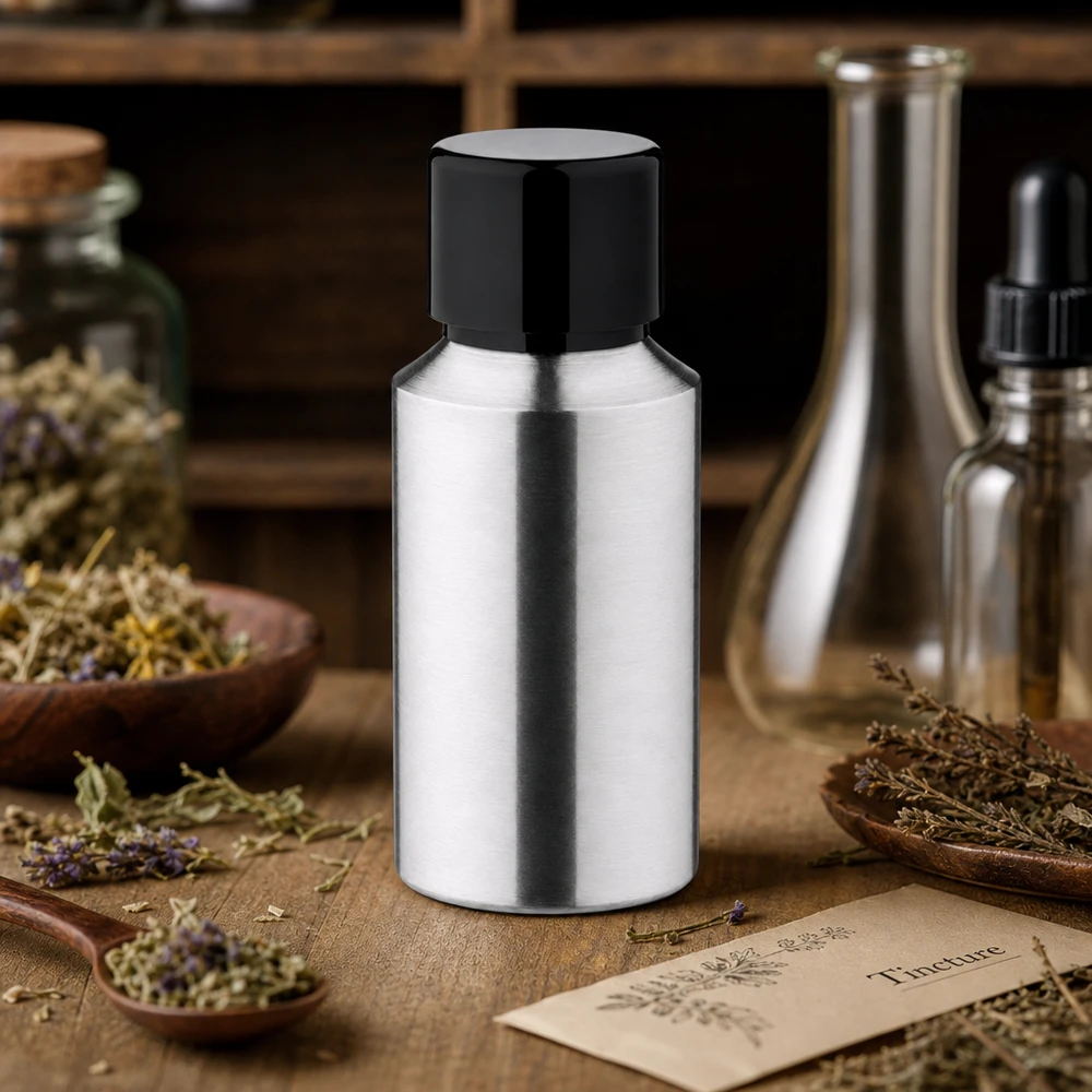 Hliníková leštěná lahvička o objemu 30 ml se šroubovacím uzávěrem Robuste 30ml Aluminiumflasche geschliffen mit UV-Schutz für lichtempfindliche Substanzen