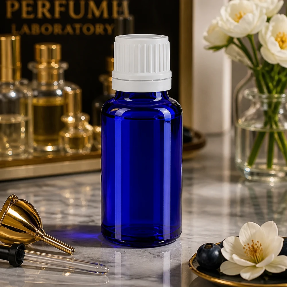 Kleine blaue Glasflasche 20ml mit 11mm OV-Verschluss für Parfümherstellung und Laboranwendung