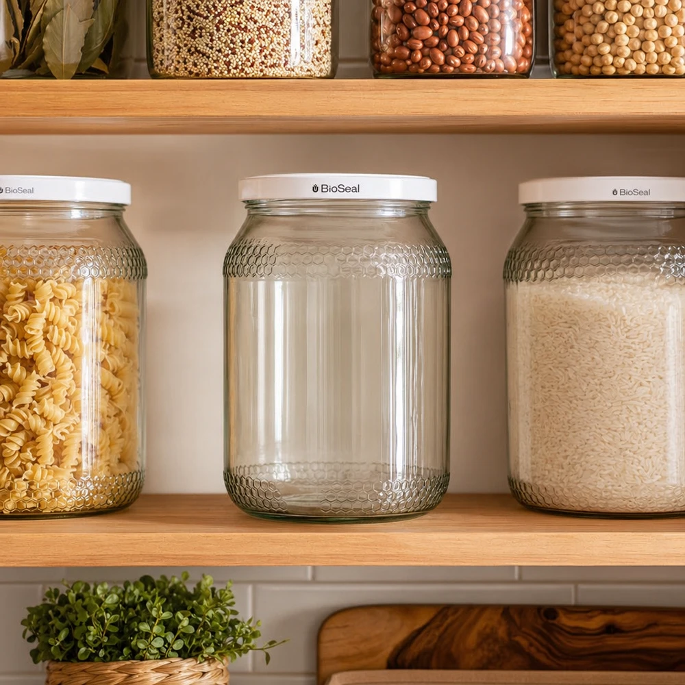 1260g Honigglas + BioSeal Deckel weiß UNiTWIST 900ml Honigglas mit weißem BioSeal Deckel im Vorratsregal zwischen Pasta und Reis als Küchen-Aufbewahrungslösung