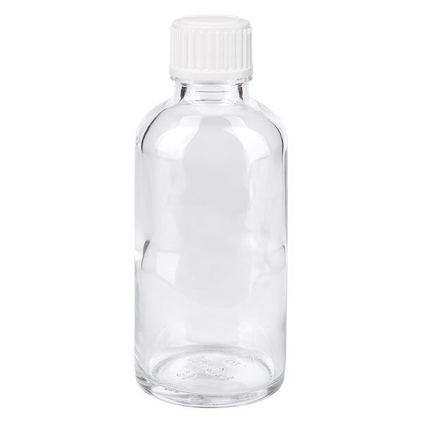 Lékárenská láhev čirá 50ml šroubovací uzávěr bílá globule standardní Lékárenská láhev čirá 50ml šroubovací uzávěr bílá globule standardní