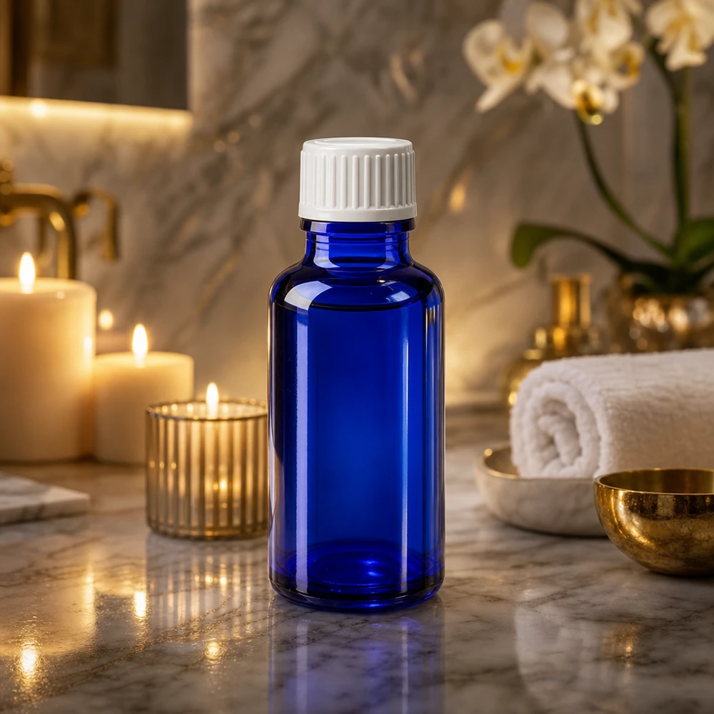 Lékárenská lahvička modrá 20ml šroubovací uzávěr bílý globule standardní Lichtschutz-Glasflasche in Blau 20ml mit weißem Apothekerverschluss für Naturkosmetik