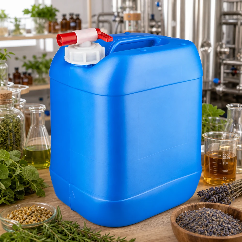Kanystr 20 litrů modrý s vypouštěcím kohoutem Rechteckiger Vorratsbehälter 20 Liter Blau mit Entnahmeventil in botanischer Laborumgebung