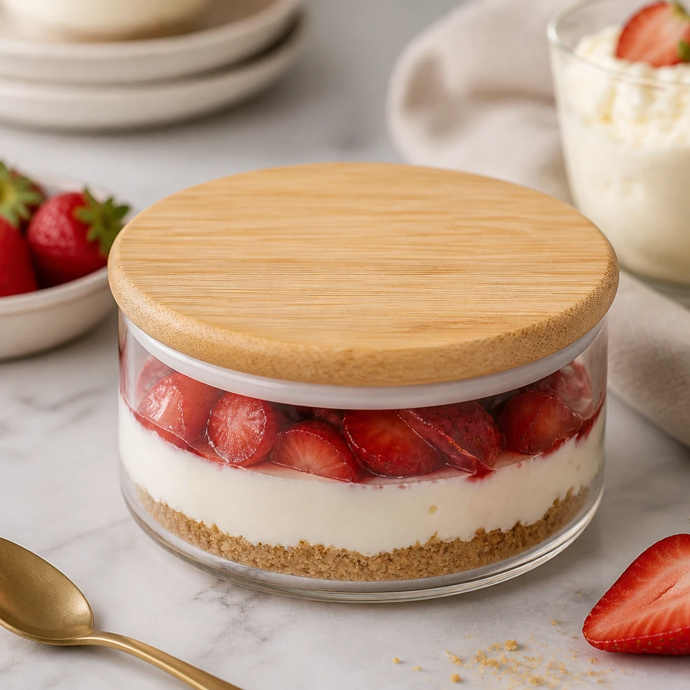 WECK Holzdeckel RR80 Version A mit Erdbeerkuchen im Glas - praktische Anwendung für Desserts und Aufbewahrung