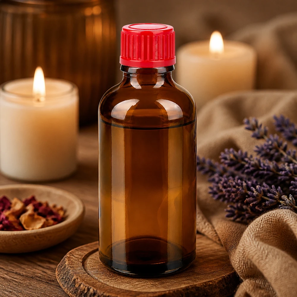 50ml láhev 11mm šroubovací uzávěr červená Standard BrownLine UT18/50 Zertifizierte 50ml Braunglasflasche STD-Ausführung für Aromatherapie und Naturheilkunde