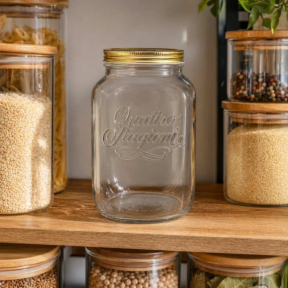 3800ml kulatá sklenice "Quattro Stagioni" s víčkem Quattro Stagioni 3800ml Vorratsglas leer auf Holzregal zwischen gefüllten Aufbewahrungsgläsern mit Gewürzen und Getreide
