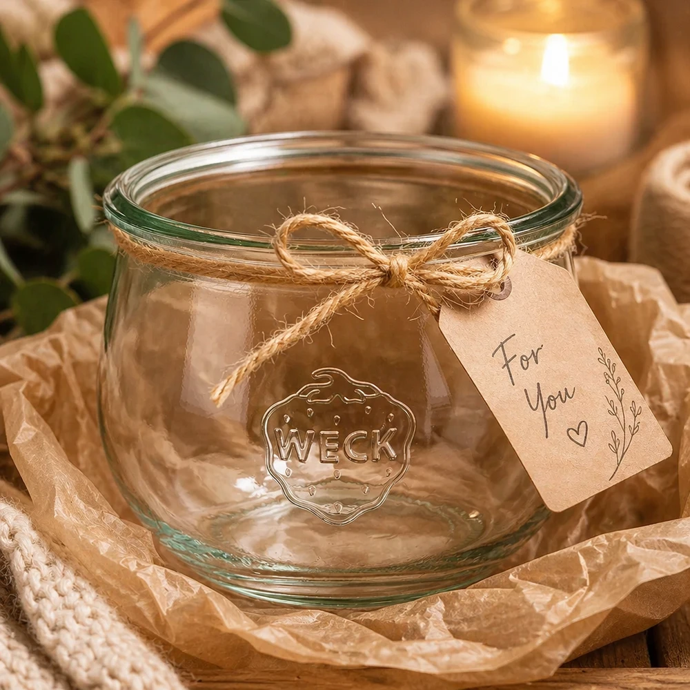 580ml tulipánová sklenice WECK RR100 s dřevěným dřevem - tulipánová sklenice s dřevem. WECK Tulpenglas 580ml RR100 mit Geschenkanhänger und Juteschnur auf Holztisch mit Kerze und Dekoration