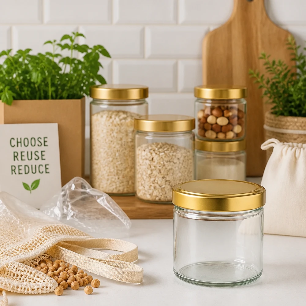 230ml válcová sklenice + víčko BasicSeal zlaté UT. 230ml Zylinderglas mit goldenem Deckel in nachhaltiger Zero-Waste Küche zwischen Vorratsglasern und Öko-Produkten