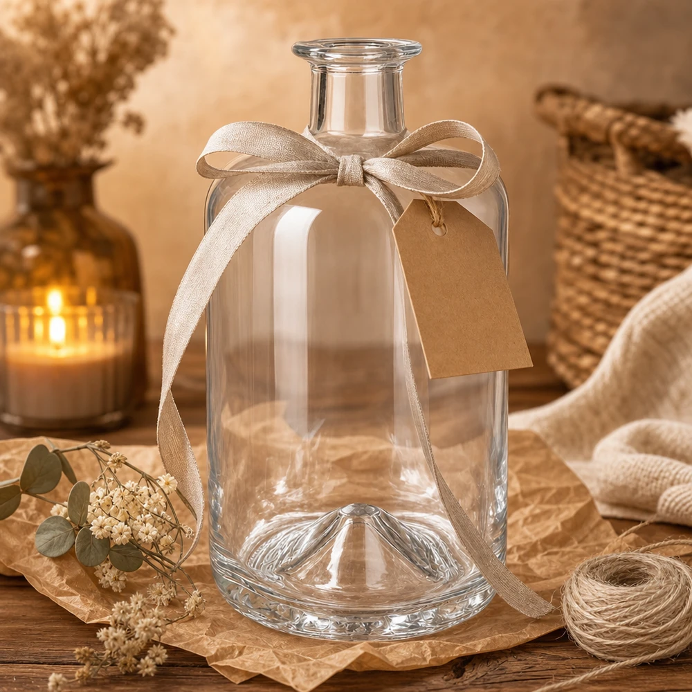 700ml Apothekenflasche "Classic" ohne Verschluss UNiTWIST® 700ml Glasflasche Sofia leer mit dekorativer Schleife und Geschenkanhänger in gemütlicher Ambiente-Inszenierung