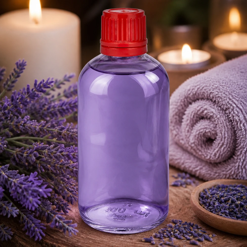 100ml láhev 11mm šroubovací uzávěr červený uzávěr ClearLine UT18/100 Runde 100ml UT18 Flasche mit rotem OV auf Holzoberfläche mit getrocknetem Lavendel