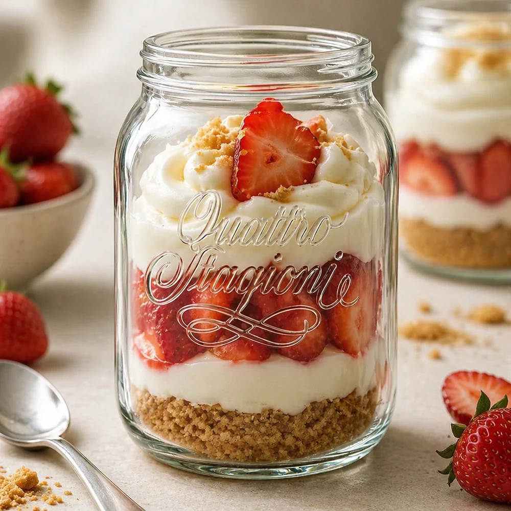 2000ml kulatá zavařovací sklenice "Quattro Stagioni" QS110mm Quattro Stagioni Glas 2000ml mit Erdbeer-Dessert befüllt - vielseitiges Haushaltsglas für Einmachen und Dekoration