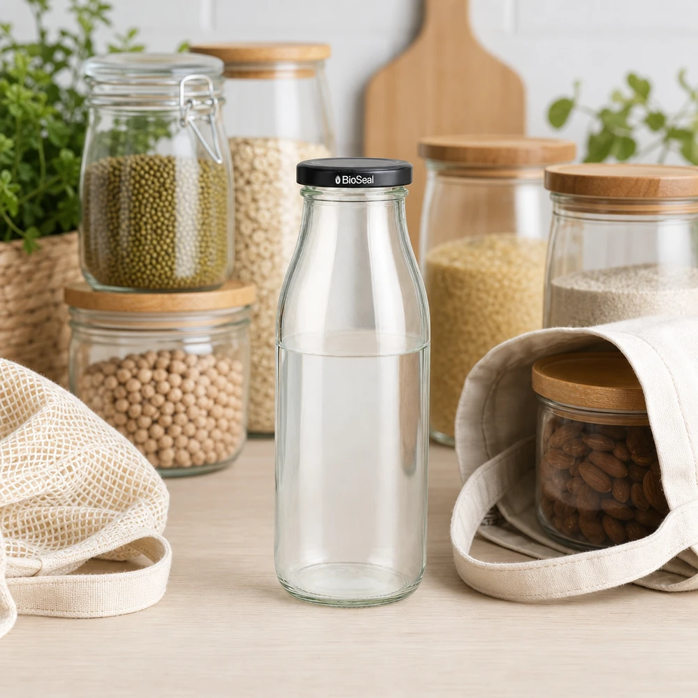 500ml skleněná láhev + víčko BioSeal černé UNiTWIST 500ml Glasflasche mit schwarzem BioSeal Deckel in nachhaltiger Küchenumgebung mit Vorratsgläsern und Jutebeuteln