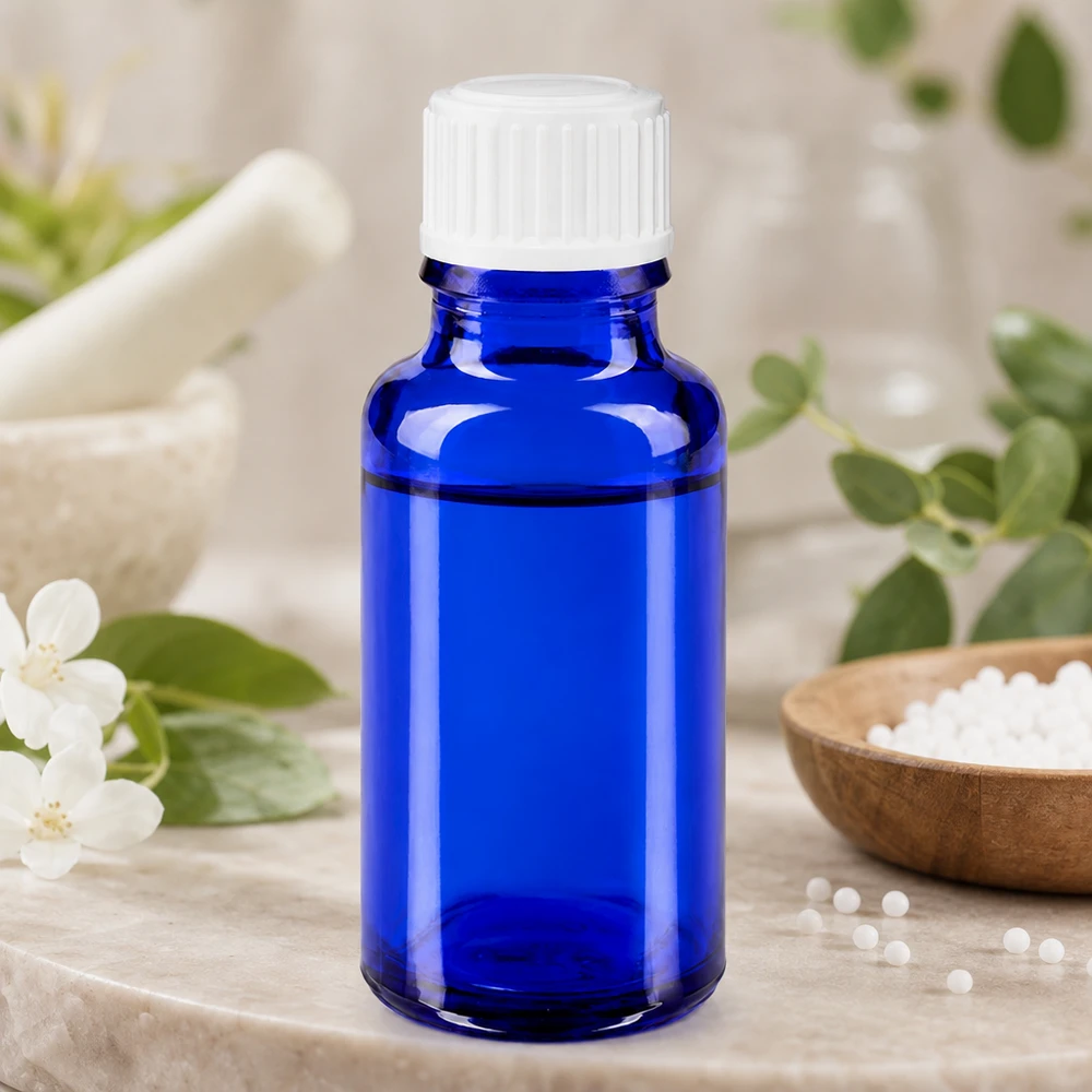 Lékárenská láhev modrá 20ml šroubovací uzávěr bílý standardní Blaue Tropfflasche 20ml für Aromatherapie zwischen weißen Blüten und grünen Kräutern