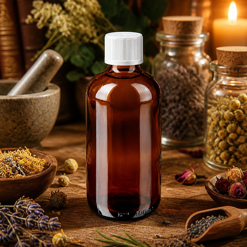 Braune 100ml Glasflasche mit 1,2mm Tropfeinsatz in natürlicher Kräuterapotheke Atmosphäre